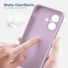 A hand is touching a purple phone case, highlighting its matte surface and soft grip. Produktbild-Vorschau