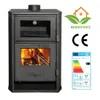 A black wood-burning stove with a glass door showing flames and a smaller glass door above it with a thermometer. There are also logos and an energy efficiency label on the right side. Produktbild-Vorschau