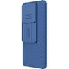A blue phone case with a sliding camera cover is shown against a white background. Produktbild-Vorschau