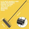 A lawn aerator with a long handle is shown against a yellow background, with dimensions and features highlighted. Produktbild-Vorschau
