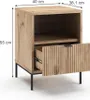 A wooden nightstand with an open drawer and a shelf, shown on a white background with dimensions indicated. Voir les images du produit