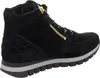 A side view of a black suede bootie with a gold zipper. Produktbild-Vorschau