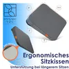 A marketing image showing an ergonomic seat cushion with dimensions and features highlighted. Produktbild-Vorschau