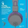 A close-up marketing image of purple and gray headphones against a blue background, highlighting features. Produktbild-Vorschau