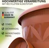 A close-up marketing image of a terracotta plant pot with text highlighting its features. Produktbild-Vorschau
