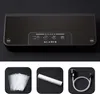 A black vacuum sealer machine is shown with three smaller images below displaying accessories: a stack of vacuum sealing bags, a roll of vacuum sealing film, and a vacuum hose with adapters. Produktbild-Vorschau