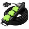 A black extension cord with three green-covered outlets and a switch, coiled on a white background. Produktbild-Vorschau