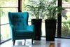 A teal armchair sits next to two tall black planters with green plants, in front of a large window with a view of greenery. Podgląd zdjęcia produktu