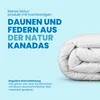 A folded white duvet is shown against a light blue background with marketing text. Produktbild-Vorschau
