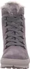 A close-up, front-facing view of a gray suede boot with gray laces and faux fur trim. Produktbild-Vorschau