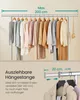 A clothing rack with various garments hanging on it, with text overlays describing its features. Produktbild-Vorschau