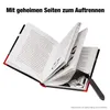 An open book with pages fanned out, showing text and illustrations, with a black bookmark-like object inserted. Produktbild-Vorschau