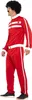 A man wearing a red tracksuit with white stripes, a black afro wig, and a mustache. Produktbild-Vorschau