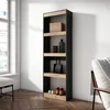 A tall, narrow bookshelf with a black frame and wood-effect shelves, filled with decorative items and shoes, placed in a well-lit room with a window and a chair. Produktbild-Vorschau