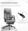 A grey office chair with a footrest is shown on a white background. Text overlays describe its features. Náhled obrázku produktu