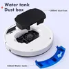 A robot vacuum cleaner with its dust box and water tank detached, showing their capacities. Produktbild-Vorschau