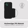 A black phone case is shown with a close-up detail and a recycling icon. Produktbild-Vorschau