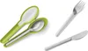 A set of cutlery including a spoon in a green case, a fork, and a knife, all on a white background. Voir les images du produit
