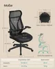 A diagram showing the dimensions and recommended usage for an office chair, alongside a silhouette of a person sitting in a chair. Produktbild-Vorschau