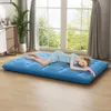 A woman is sleeping on a blue futon mattress on the floor in a room with large windows. Produktbild-Vorschau