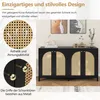 A black sideboard with rattan doors is displayed in a room setting, with close-up insets highlighting design details. Podgląd zdjęcia produktu