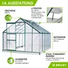 A diagram of a green aluminum greenhouse with various features labeled. Produktbild-Vorschau