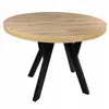 A round dining table with a wood-look top and black metal legs, shown against a white background. Náhled obrázku produktu