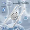 A transparent phone case with a magnetic ring holder is shown against a light blue, bubbly background with text describing its features. Anteprima dell’immagine prodotto