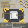 A close-up marketing image of a black and yellow LED work light with text overlays detailing its features. Produktbild-Vorschau