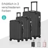 Three black suitcases of different sizes are displayed on a light gray surface with a white background. Text and a small icon are in the upper left corner. Produktbild-Vorschau