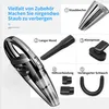 A collage of a portable vacuum cleaner and its accessories, with German text describing the variety of accessories. Produktbild-Vorschau