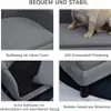 A collage of four images showcasing different features of a dog sofa, including its fabric, cushioning, removable cover, and legs. Podgląd zdjęcia produktu