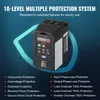 A black VEVOR frequency converter with a digital display and control buttons, set against a dark blue background with a teal graphic overlay. Text lists multiple protection features. Náhled obrázku produktu