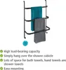 A black metal towel rack with three bars, holding two towels, one teal and one gray, and a blue bath pouf hanging from a hook. Below the rack are bullet points describing its features. Náhled obrázku produktu