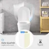 A toilet in a bathroom setting, with marketing overlays highlighting product features. Produktbild-Vorschau