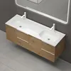 A double vanity bathroom sink with wooden drawers and a mirror above. Produktbild-Vorschau