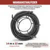 A coiled metal spring, likely a drain cleaning auger, is presented on a white background with descriptive text. Produktbild-Vorschau