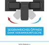 A diagram illustrating the smooth operation of a shower faucet, with arrows indicating movement and text describing its features. Produktbild-Vorschau