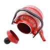 A vintage red enamel teapot with decorative gold patterns and a black handle is shown with its lid removed. Voir les images du produit