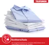 A stack of folded shirts with a red banner at the bottom containing text and an icon. Produktbild-Vorschau