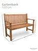 A wooden garden bench with dimensions indicated by measurement lines and text. Produktbild-Vorschau