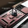 Close-up view of a rose gold phone case with a rotating ring and camera cover. Produktbild-Vorschau