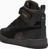 A rear-side view of a black Puma high-top sneaker with gold accents. Produktbild-Vorschau