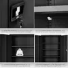 A collage of four images showcasing different features of a black metal cabinet. Produktbild-Vorschau