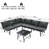 A diagram showing a sectional outdoor sofa and coffee table with dimensions and weight limits. Produktbild-Vorschau