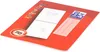 A notebook with a red cover, showing two white note pads and a pink label. Voir les images du produit
