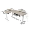 A diagram of an L-shaped standing desk with dimensions and features labeled. Voir les images du produit