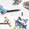 Markers and sketches are arranged on a white surface, showcasing artistic creations and the tools used. Produktbild-Vorschau