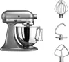 A silver KitchenAid stand mixer and its attachments are shown against a white background. Produktbild-Vorschau