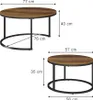 Two round coffee tables with wooden tops and black metal frames, shown with dimensions indicated by measurement lines and text. Anteprima dell’immagine prodotto